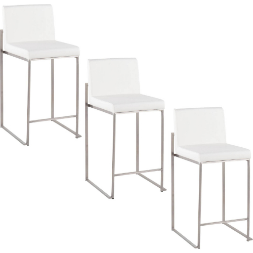 Fuji 26" High Back Counter Stool in Stainless Steel & White Leatherette (Set of 3)